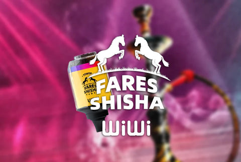 Wiwi Fares Shisha disposable vape with hookah compatibility, featuring a sleek design and vibrant branding. The background showcases a traditional shisha pipe with pink smoke, emphasizing the fusion of vaping and classic hookah experience.