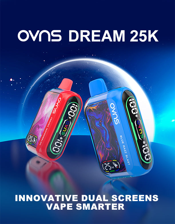 OVNS Dream 25K Dual Screen display showing battery life and e-liquid levels