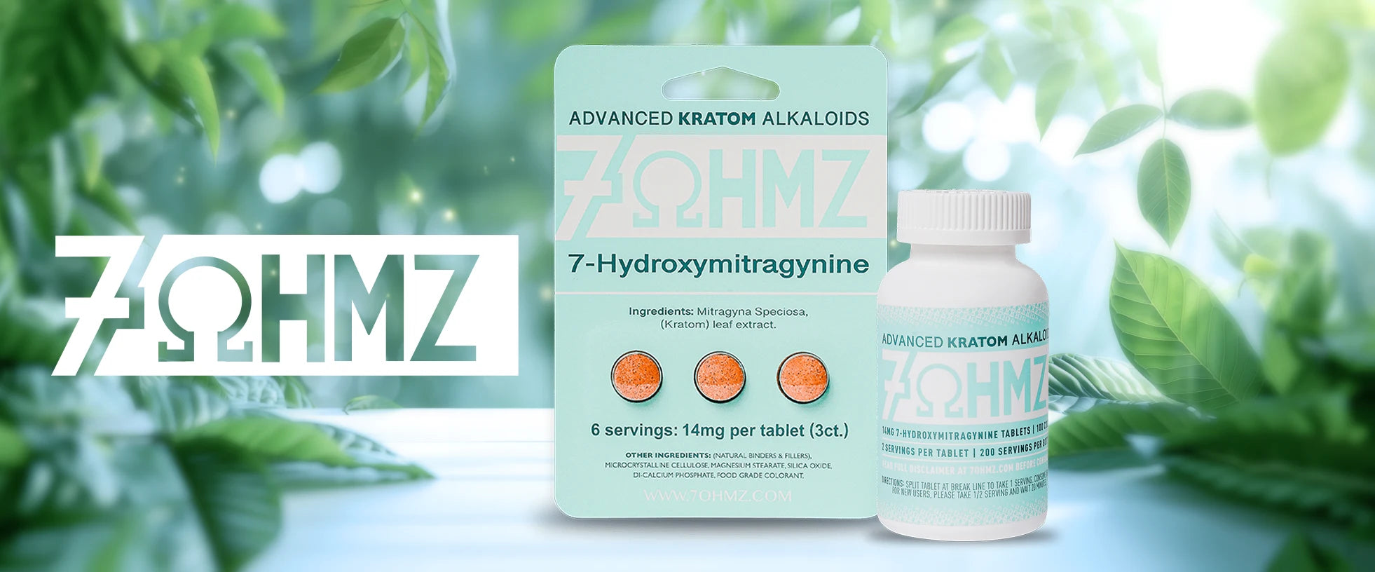 7ΩHMZ 7-Hydroxymitragynine Extract Tablets 14mg box with 20 blisters, featuring advanced kratom alkaloid formula for enhanced potency