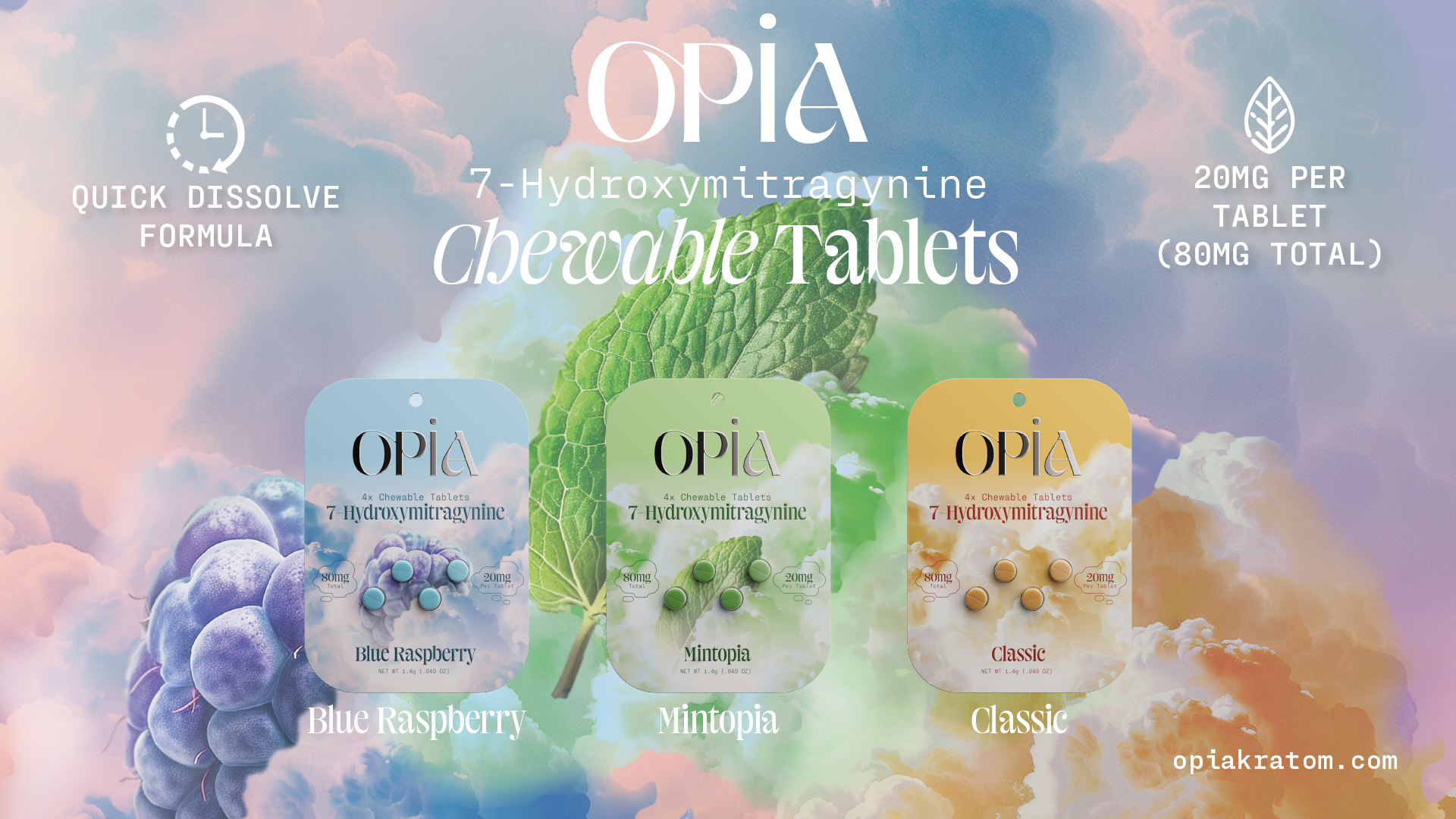 Opia 7-Hydroxymitragynine chewable tablets with 20mg per tablet, fast-dissolving formula, and flavor options like Blue Raspberry and Mintopia.