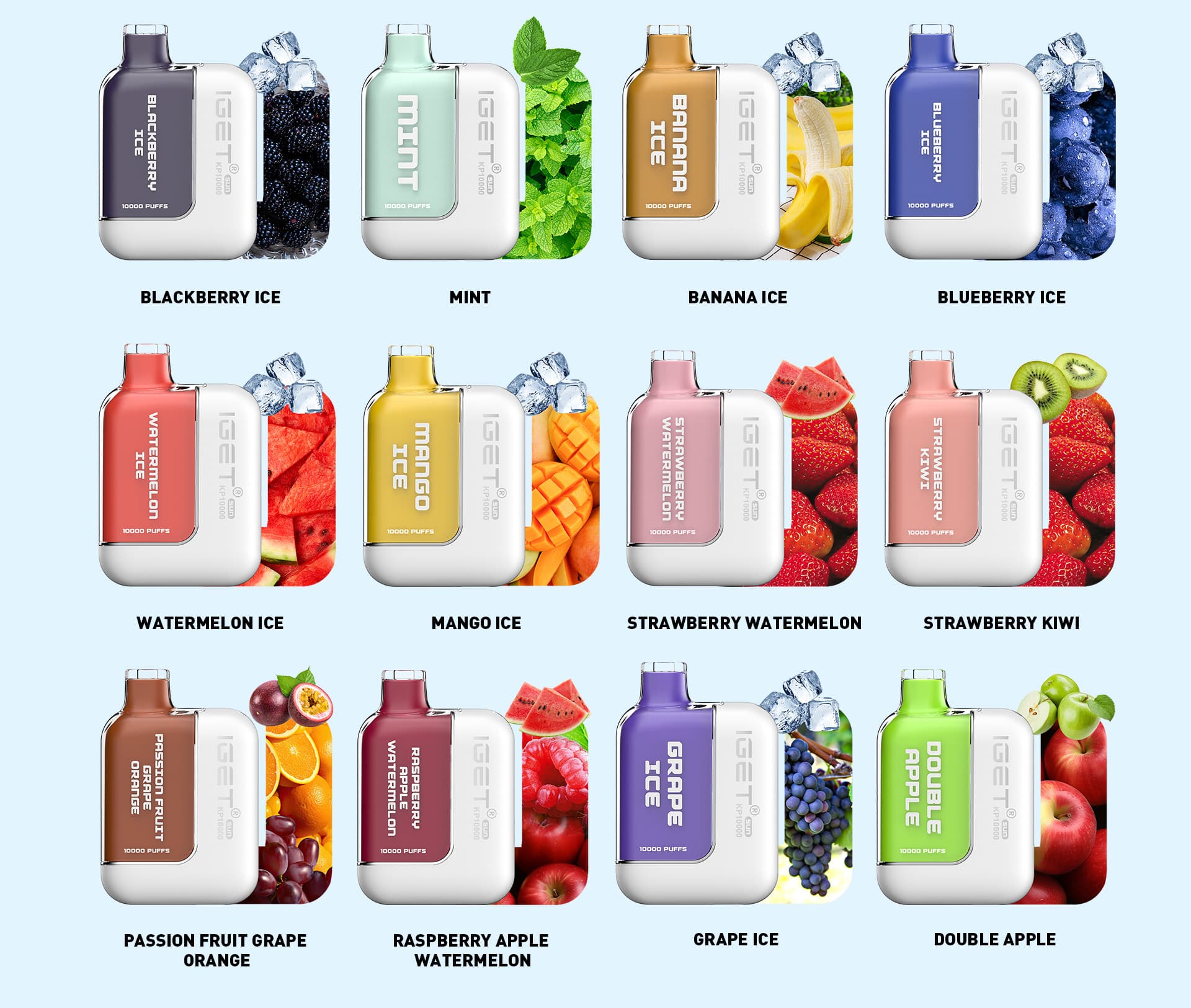 IGET vape devices featuring 12 fruit and ice flavors: Blackberry, Mint, Banana, Blueberry, Watermelon, Mango, Strawberry, Passion Fruit, Raspberry, Grape, Apple combinations, 10000 puffs each