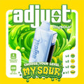 Adjust MySour 40K disposable vape with customizable sourness levels, featuring 4 intensity options and up to 40,000 puffs. Blue device showcased against a vibrant green swirl background, highlighting flavor customization and rechargeable design.