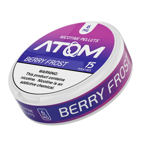 Atom Nicotine Pouches 6mg Berry Frost – Tobacco-free nicotine with icy berry flavor, 15 pouches per can.