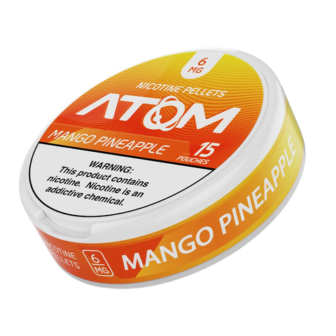 Buy Atom Nicotine Pouches 6mg Mango Pineapple – Tropical flavor, tobacco-free nicotine satisfaction, 15-count.
