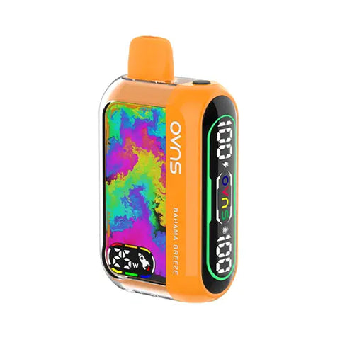 Front view of the cameo pink OVNS Dream 25K Vape in Bahama Brezze flavor, showcasing its sleek design, easy-to-read dual screens with battery life, e-liquid level, and wattage indicators, and advanced features for an exceptional vaping experience.