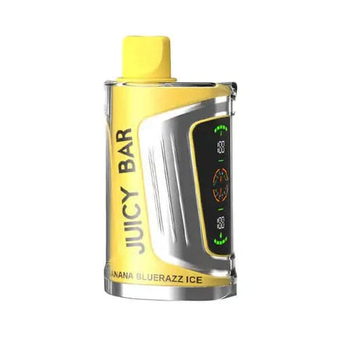 Front view of the yellow Juicy Bar JB25000 Pro Max disposable vape in Banana Bluerazz Ice flavor, showcasing its futuristic design with dual LED screens, 900mAh battery for extended usage, 19mL e-liquid capacity and advanced super dual mesh coil for optimal flavor and vapor production.