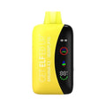 The front view of the innovative VPR GET ELF'ED UP. 18000 disposable vape showcases a captivating dark yellow and light yellow gradient, highlighting the refreshing Banana Ice flavor. Boasting an impressive 18000 puff count, 18ml e-liquid capacity, and powerful 800mAh battery, this advanced device promises an unparalleled tropical vaping experience.