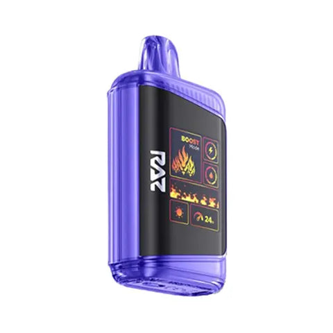 Front view of the Iris-colored Raz DC25000 Disposable Vape in Bangin Sour Berries flavor, showcasing the sleek genuine leather wrap and innovative Mega HD Display screen.