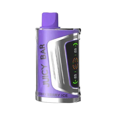 Front view of the purple Juicy Bar JB25000 Pro Max disposable vape in Berry Berry Ice flavor, showcasing its futuristic design with dual LED screens, 900mAh battery for extended vaping sessions, 19mL e-liquid capacity and advanced super dual mesh coil for optimal flavor and vapor production.