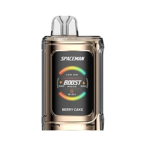 A front image of the brown Berry Cake flavored Spaceman Vape PRISM 20k vape device, showing its futuristic ergonomic design and large color screen.
