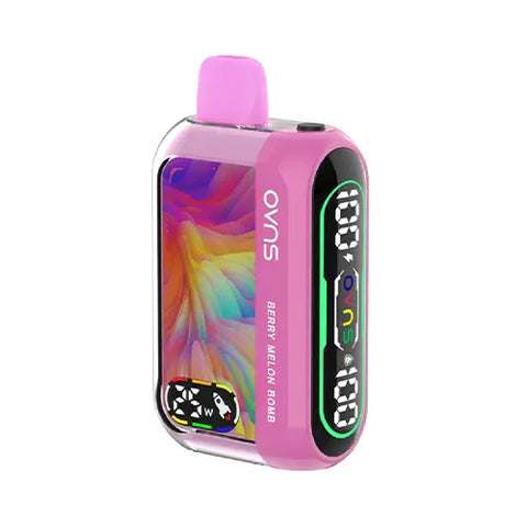Front view of the sky magenta OVNS Dream 25K Vape in Berry Melon Bomb flavor, highlighting its sleek design, easy-to-read dual screens displaying battery life, e-liquid level, and wattage indicators, and advanced features for a customizable and satisfying vaping experience.