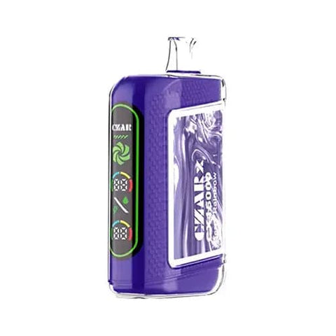 The CZAR CX 15000 Disposable Vape in Berry Rainbow flavor, showcasing a futuristic design with a dual dark purple ultra screen display. This innovative CZARx vape offers up to 15,000 puffs, dual mesh coil technology for enhanced flavor, and adjustable airflow for a personalized vaping experience.
