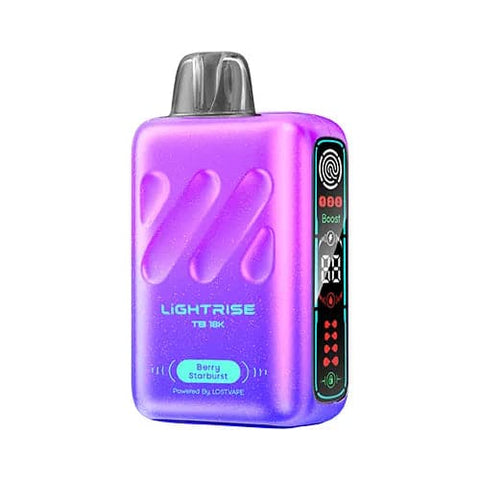 Front view of a  Lost Vape Lightrise TB 18K vape device featuring its modern design, long screen, and touch button for mode selection, offering a tantalizing Berry Starburst flavor.