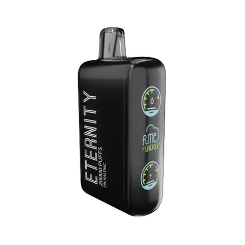 Black disposable Fume Eternity Vape device with a sleek black finish.  A digital display screen is visible on the front of the device, showcasing battery life, vaping mode, and e-liquid level.