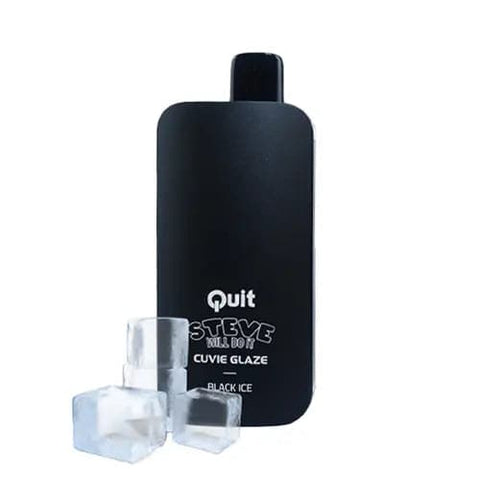 Back of black Quit disposable vape reading Black Ice flavor with 0mg nicotine and 1500 max puffs.