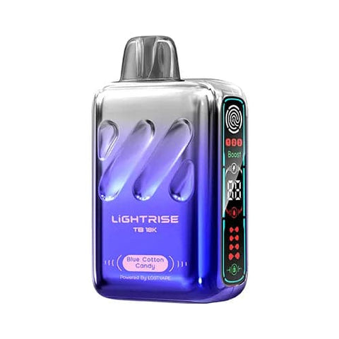 Front view of a light blue Lost Vape Lightrise TB 18K vape device showcasing its modern design, long screen, and touch button for mode selection, offering a sweet and nostalgic Blue Cotton Candy flavor.