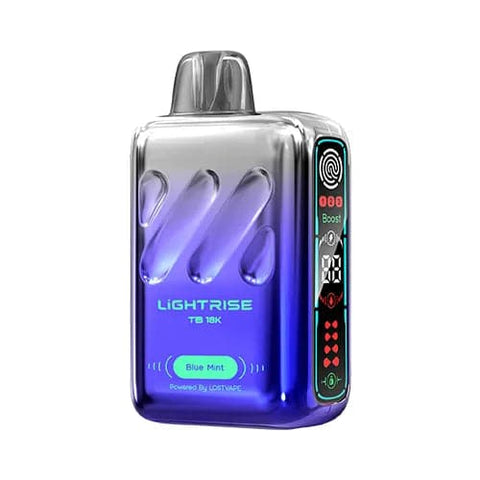 Front view of a Lost Vape Lightrise TB 18K vape device with a captivating gradient design transitioning from blue to grey, showcasing its modern appearance, long screen, and touch button for mode selection, offering a cool and invigorating Blue Mint flavor.