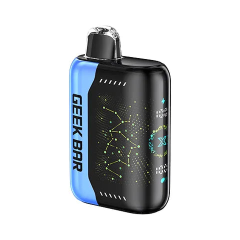 Front view of a light sky blue Geek Bar Pulse X 25K vape device showcasing its innovative 3D curved screen, featuring the invigorating Blue Rancher flavor.