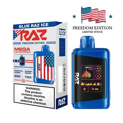 Blue Raz Ice flavor of RAZ DC25000 FREEDOM EDITION Vape
