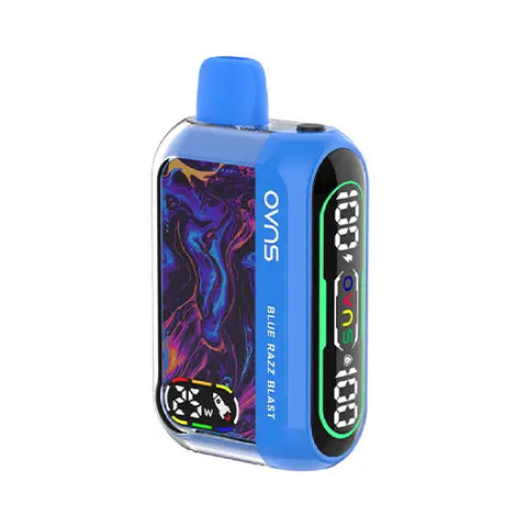 Front view of the Bleu de France OVNS Dream 25K Vape in Blue Razz Blast flavor, showcasing its sleek design, easy-to-read dual screens with battery life, e-liquid level, and wattage indicators, and advanced features for a customizable and satisfying vaping experience.
