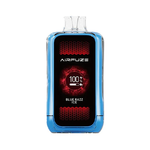 Front view of the Tufts blue Airfuze Jet 20000 Vape in Blue Razz Ice flavor, showcasing the large capacity e-juice reservoir and intuitive control screen for an unparalleled vaping experience.