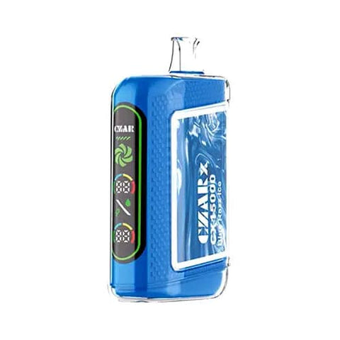 The CZAR CX 15000 Disposable Vape in Blue Razz Ice flavor, showcasing a sleek blue design with a dual ultra screen display. This cutting-edge CZARx vape delivers up to 15,000 puffs, dual mesh coil technology for enhanced flavor extraction, and adjustable airflow for a personalized vaping experience.