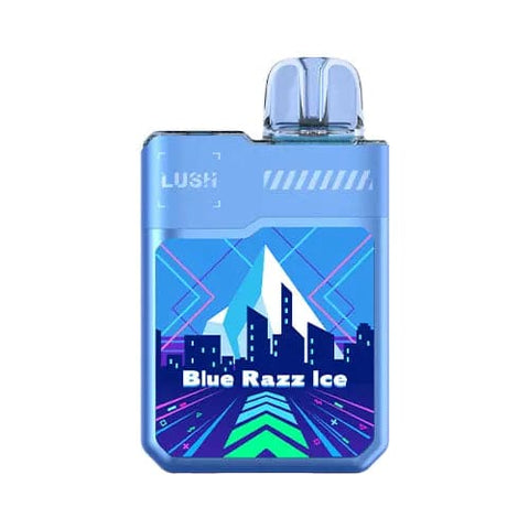 Back view of the futuristic blue Digiflavor Geek Bar Lush 20K Blue Razz Ice disposable vaporizer showcasing its Cyberpunk-inspired design, large display screen, 820mAh battery, and dual mesh coil technology for a tangy and refreshing vaping experience.