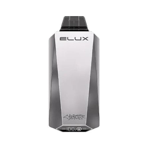 Elux Cyberover 18000 US Edition Vape in stainless steel and shiny silver metallic color, showcasing a sleek and luxurious design that can withstand heavy usage and occasional drops. The futuristic and minimalistic elements, such as the brand's logo on the top and the "CYBEROVER" graffiti on the bottom, reflect the "CYBER" aspect of its branding in a semi-professional and hipster-looking way, evoking the TESLA Cybertruck.