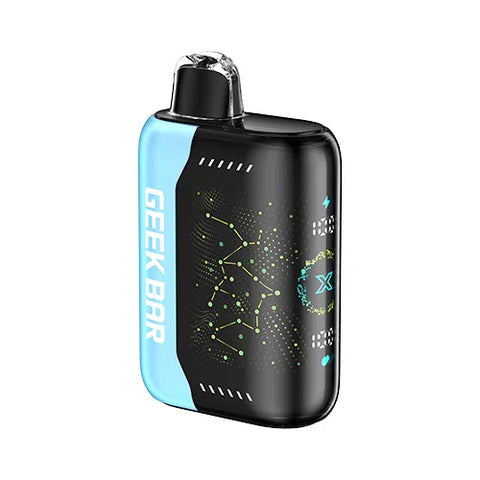Front view of a blizzard blue Geek Bar Pulse X 25K vape device showcasing its innovative 3D curved screen, featuring the refreshing Blue Razz Ice flavor.