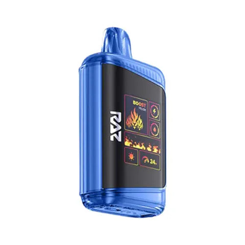 Front view of the Han blue Raz DC25000 Disposable Vape in Blue Razz Ice flavor, showcasing the genuine leather wrap and innovative Mega HD Display screen for a sleek and advanced vaping experience.