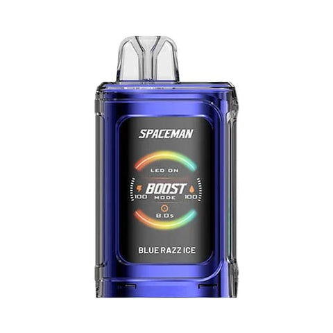 A front image of the dark blue Blue Razz Ice flavored Spaceman Vape PRISM 20k vape device, showing its futuristic ergonomic design and large color screen.