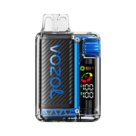 Front view of the blue Vozol Vista 16000 Vape in Blue Razz Ice flavor, featuring a transparent modern design with a smart display and 360° wattage adjustment gear for customizable vaping experience.