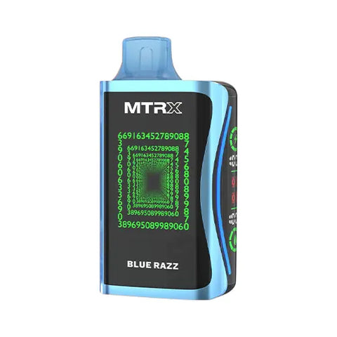 Front view of the meadowlark yellow MTRX MX 25000 disposable vape device in Blue Razz flavor, showcasing its modern, cyberpunk-inspired design with a smart display for a futuristic and high-tech appearance.