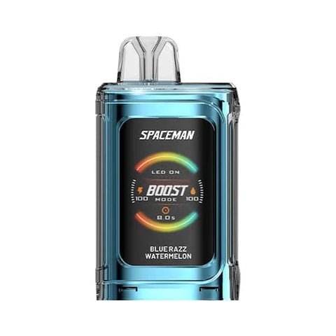 A front image of the cyan Blue Razz Watermelon flavored Spaceman Vape PRISM 20k vape device, showcasing its futuristic ergonomic design and vibrant color screen.