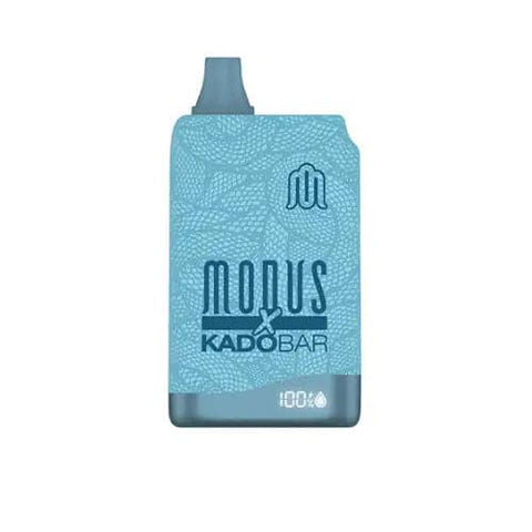  blue Modus X Kadobar KB10000 disposable vape from the front, showing its ergonomic shape, logo, and built-in e-juice and battery life display screen.