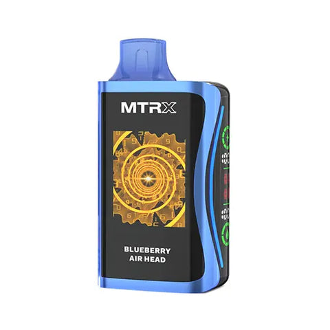 Front view of the blue MTRX MX 25000 disposable vape device in Blueberry Air Head flavor, featuring a modern, cyberpunk-inspired design with a smart display for a futuristic and high-tech appearance.