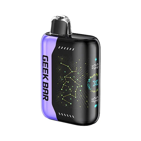 Front view of a mauve-colored Geek Bar Pulse X 25K vape device showcasing its world's first 3D curved screen, featuring the mouthwatering Blueberry B Pop flavor.