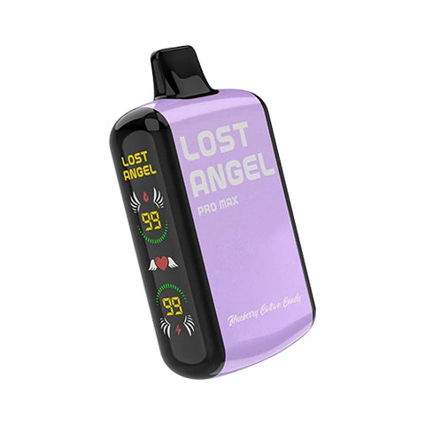 Front view of the Lost Angel Pro Max Vape in Wisteria color, showcasing the dual-screen display and sleek design of this disposable vape device filled with Blueberry Cotton Candy flavored e-liquid.