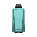 Elux Cyberover 18000 US Edition Vape in stainless steel and Lake Blue metallic color, featuring a futuristic design reminiscent of the TESLA Cybertruck. The device showcases an LED display indicating charge and e-liquid percentages. The Blueberry Lemon flavor offers a refreshing and tantalizing vaping experience. With a 600mAh rechargeable battery, 18ml e-liquid capacity, and dual mesh coil technology, this disposable vape delivers rich flavor and up to 18000 puffs in NORM mode or 9000 puffs in TURBO mode.
