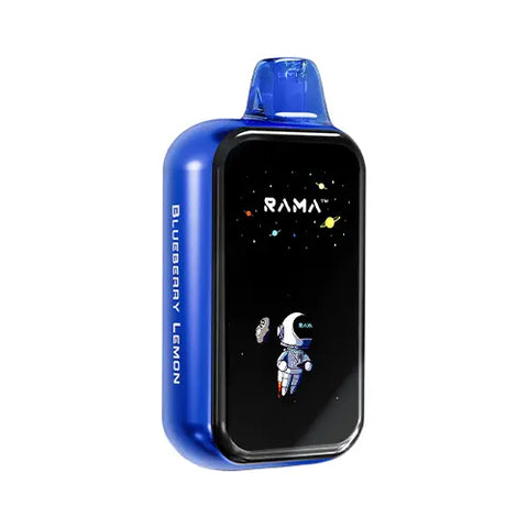 Front view of a blue Rama TL 16000 Vape featuring a modern design with a wide, transparent screen displaying vaping information for effortless performance management and customization.