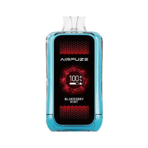 Front view of the meadowlark-colored Airfuze Jet 20000 Vape in Blueberry Mint flavor, featuring a clear indicator screen and humanized air regulating valve for a customizable vaping experience.