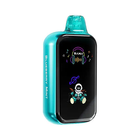 Front view of a turquoise Rama TL 16000 Vape showcasing a sleek, modern design with a large, transparent screen that displays essential vaping information for easy performance management and customization.