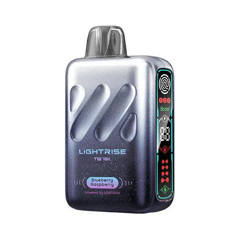 Front view of a Lost Vape Lightrise TB 18K vape device with a sleek gradient design transitioning from black to silver, showcasing its modern appearance, long screen, and touch button for mode selection, offering a delightful Blueberry Raspberry flavor fusion.