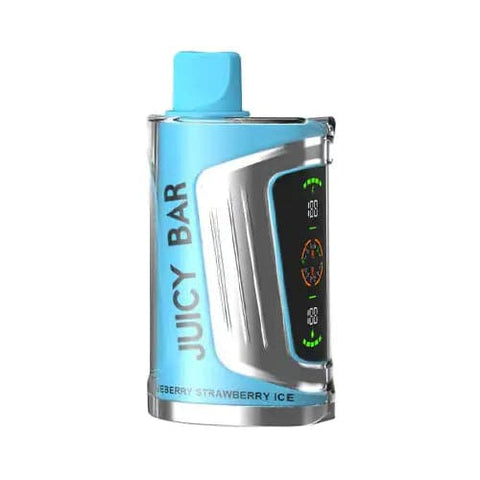 Front view of the denim blue Juicy Bar JB25000 Pro Max disposable vape in Blueberry Strawberry Ice flavor, showcasing its futuristic design with dual LED screens, 900mAh battery for extended vaping sessions, 19mL e-liquid capacity and advanced super dual mesh coil for optimal flavor and vapor production.
