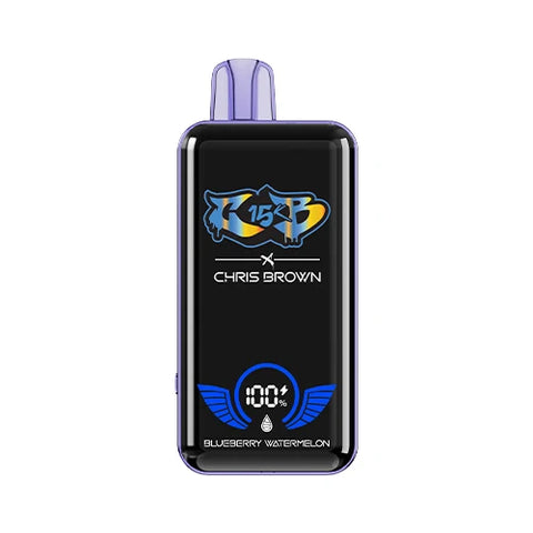 Front view of the middle blue purple Chris Brown CB15K Vape in Blueberry Watermelon flavor, highlighting its sleek design, unique display screen, and advanced features for a refreshing vaping experience.