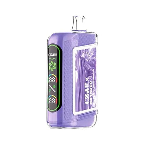 The CZAR CX 15000 Disposable Vape in Blueberry Watermelon flavor, showcasing a stylish purple design with a dual ultra screen display. This advanced CZARx vape offers up to 15,000 puffs, dual mesh coil technology for enhanced flavor extraction, and adjustable airflow for a personalized vaping experience.
