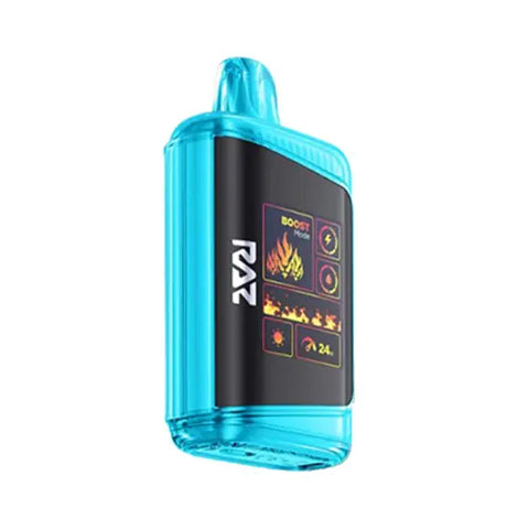 Front view of the fluorescent blue Raz DC25000 Disposable Vape in Blueberry Watermelon flavor, highlighting the genuine leather wrap and advanced Mega HD Display screen. Copy