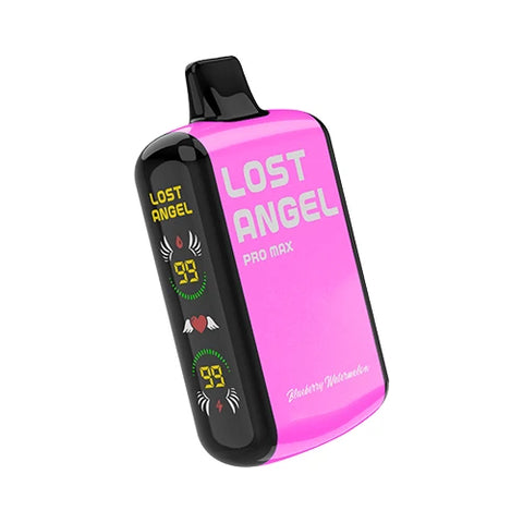 Front view of the Lost Angel Pro Max Vape in Violet color, highlighting the dual-screen display and sleek design of this disposable vape device filled with the refreshing Blueberry Watermelon Ice flavored e-liquid.