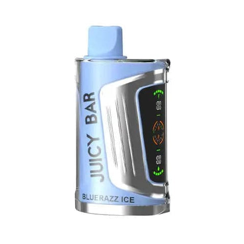 Front view of the Carolina blue Juicy Bar JB25000 Pro Max disposable vape in Bluerazz Ice flavor, showcasing its futuristic design with dual LED screens, 900mAh battery for extended vaping sessions, 19mL e-liquid capacity and advanced super dual mesh coil for optimal flavor and vapor production.