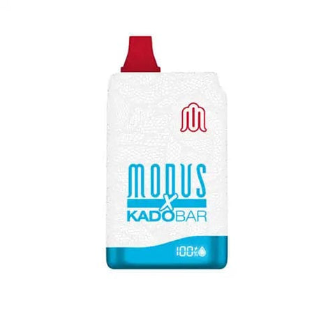 Front view of the red, white, and blue Modus X Kadobar KB10000 disposable vape, showcasing its ergonomic shape, logo, and built-in e-juice and battery life display screen.